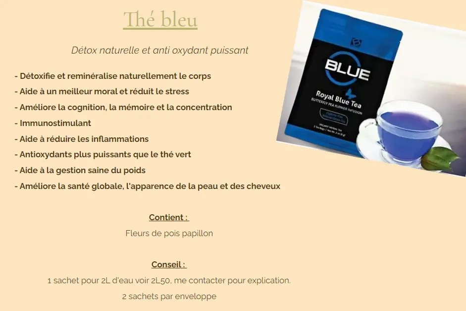 Thé bleu BEPIC aux fleur de pois papillon, détox, reminéralisation, inflammation, immunostimulant, antioxydants, gestion du poids ....